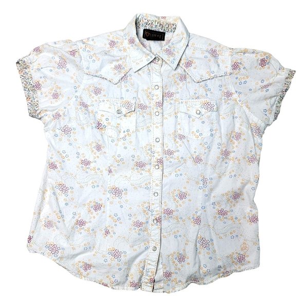 ariat short sleeve button floral blouse white with flowers fancy buttons Large - Picture 1 of 5
